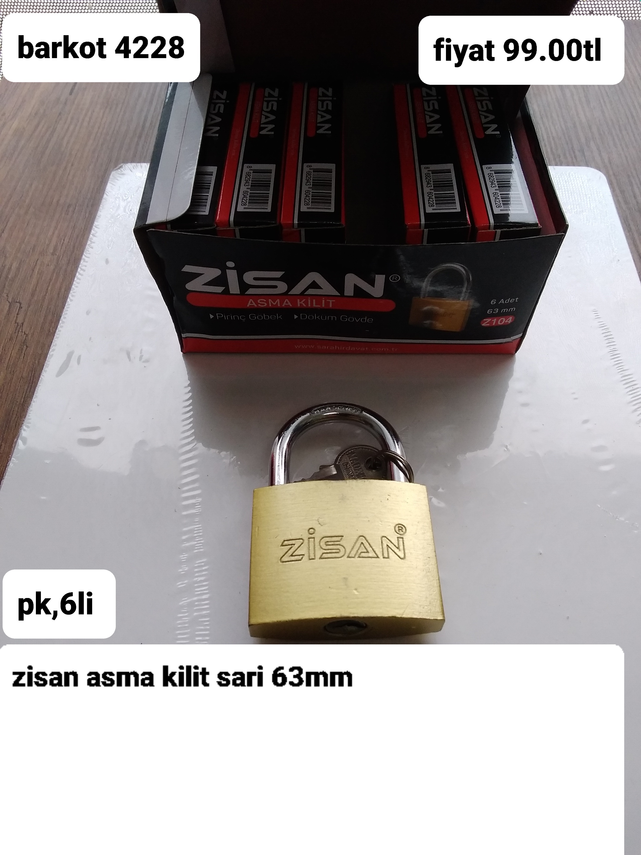 ZİSAN ASMA KİLİT SARI 63 MM  4228