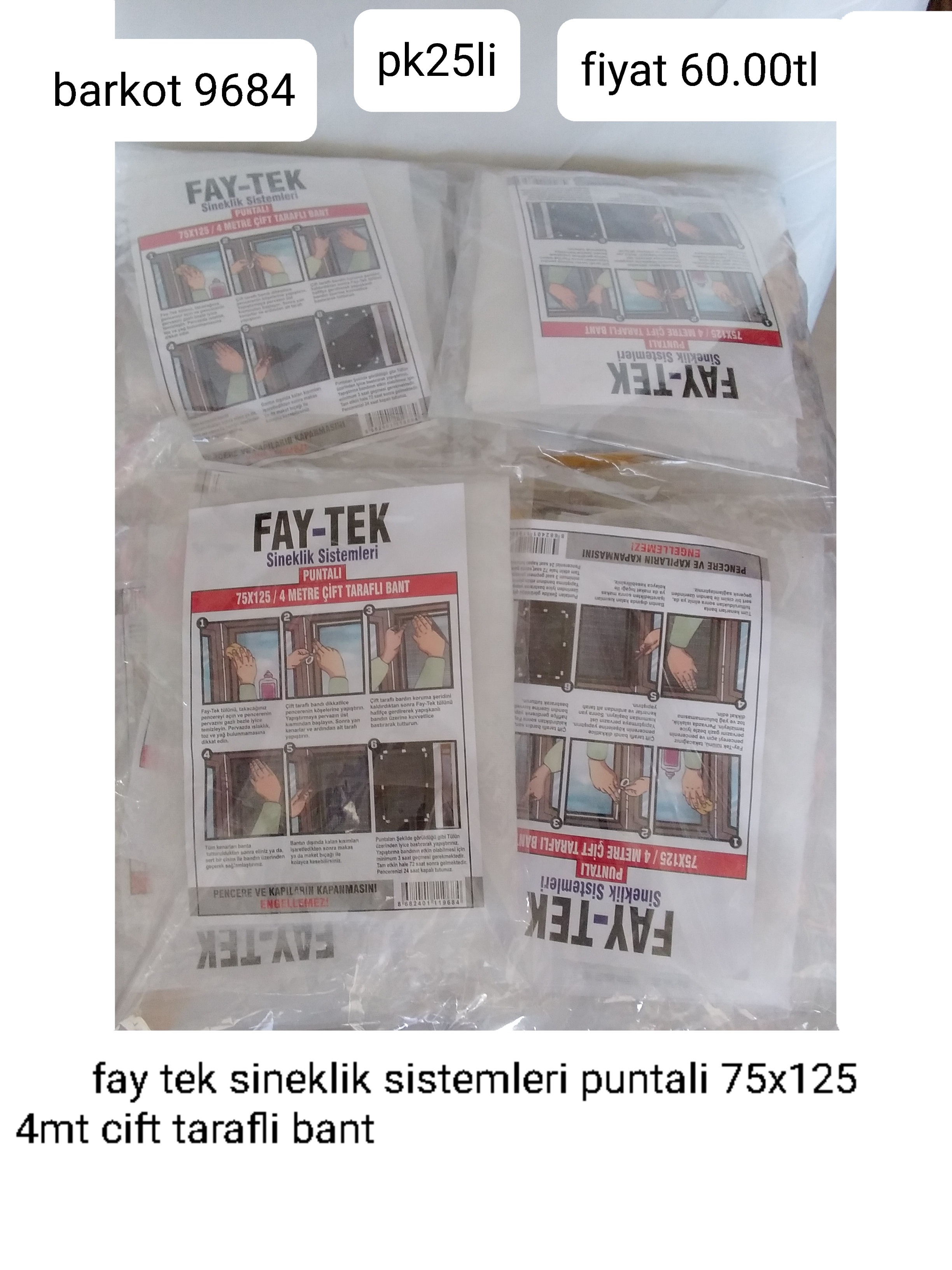 FAY TEK SİNEKLİK SİSTEMLERİ PUNTALI 75*125 4MT ÇİFT TARAFLI BANT 9684