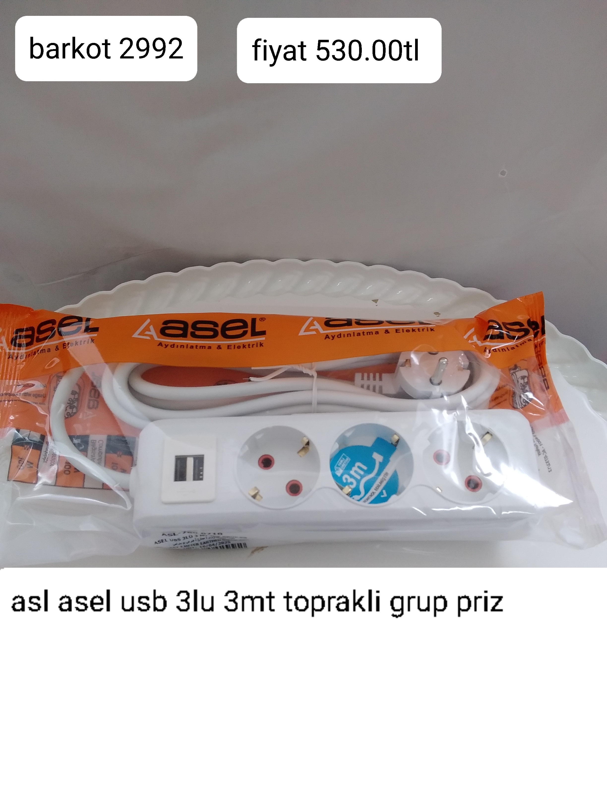 ASEL USB 3 LÜ 3MT TOPRAKLI GRUP PRİZ 2992