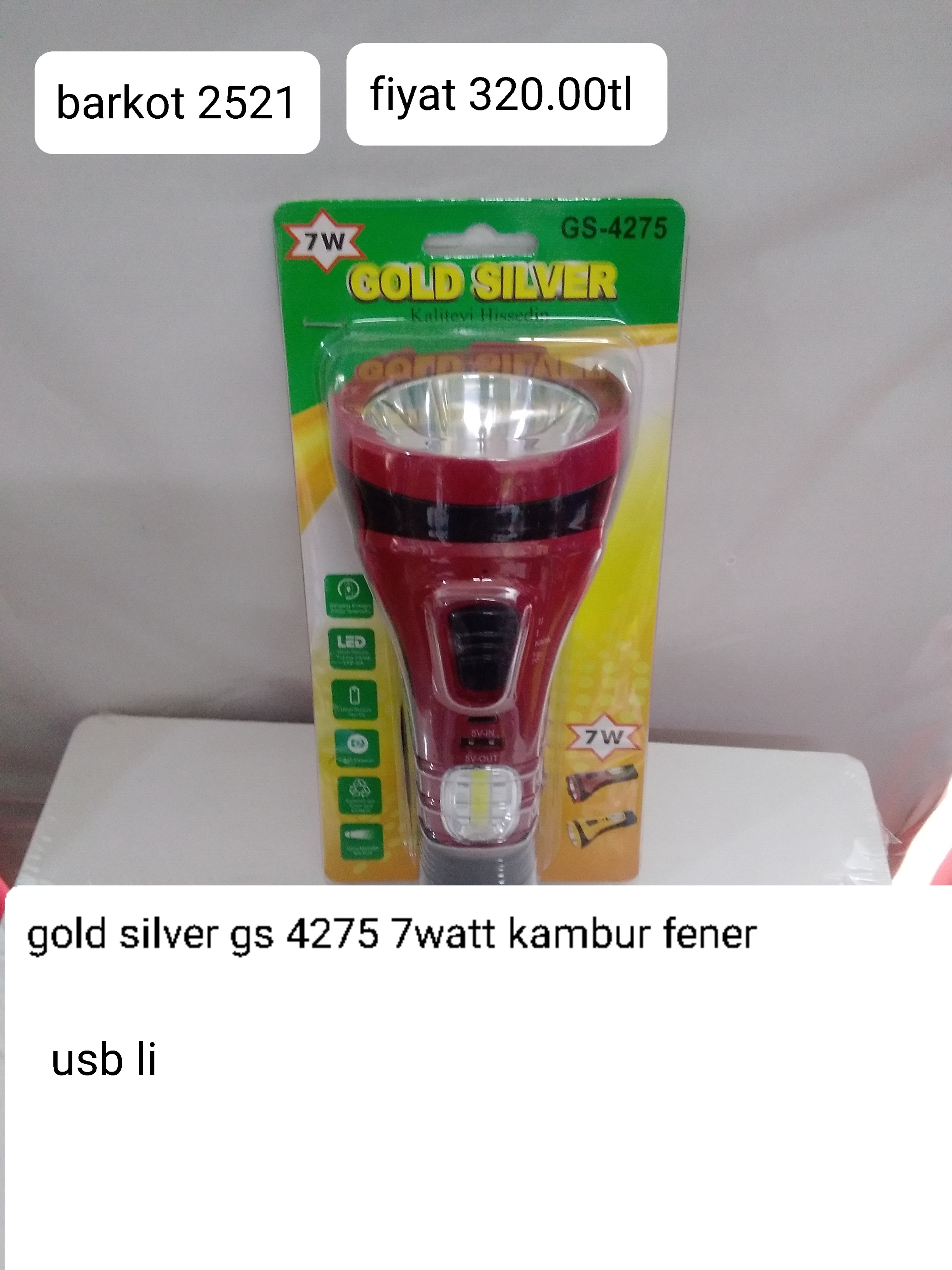 GOLD SİLVER GS 4275 7 WATT KAMBUR FENER USBLİ 2521