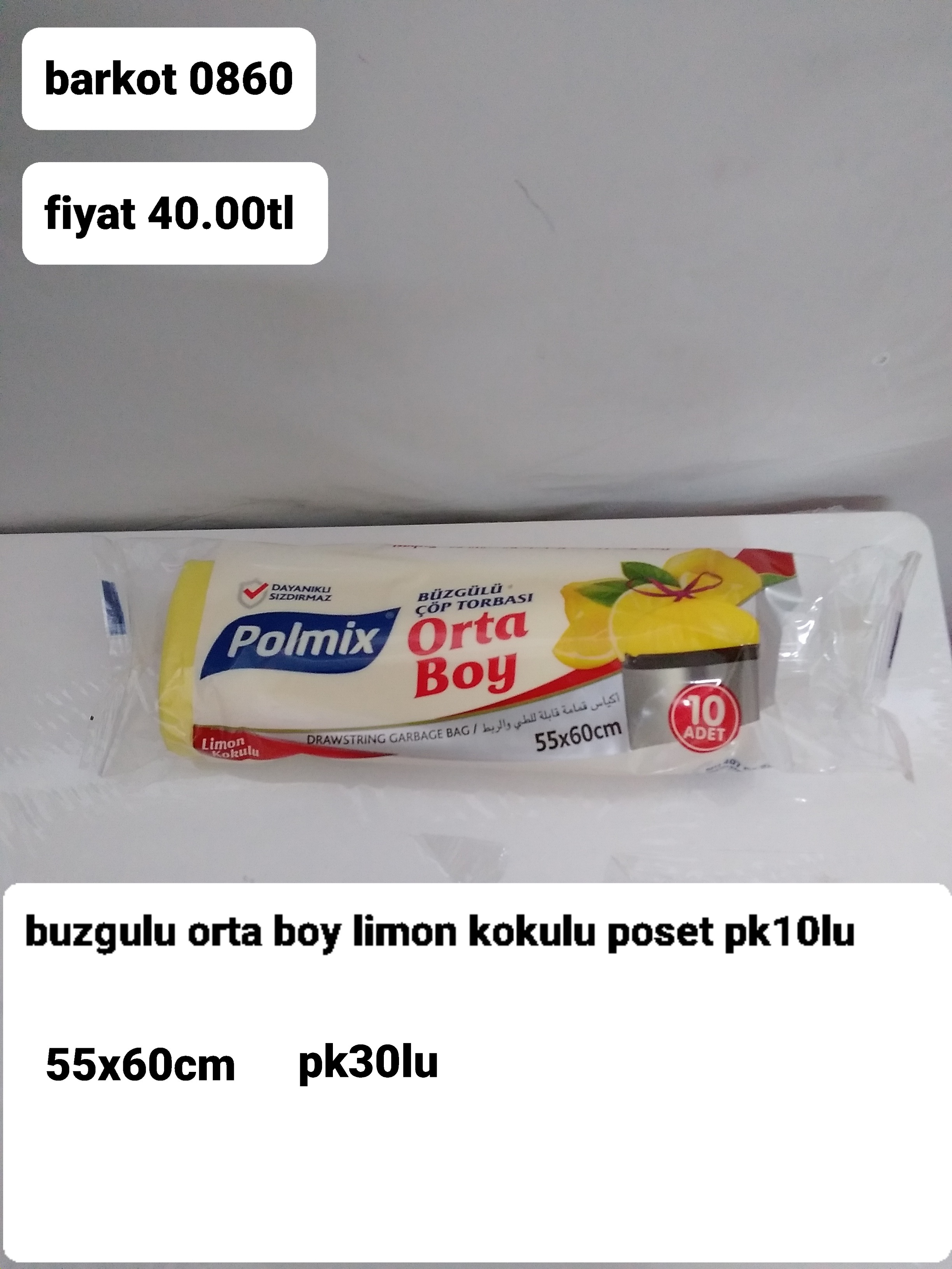 BÜZGÜLÜ ORTA BOY LİMON KOKULU ÇÖP POŞETİ 55*60 CM 0860
