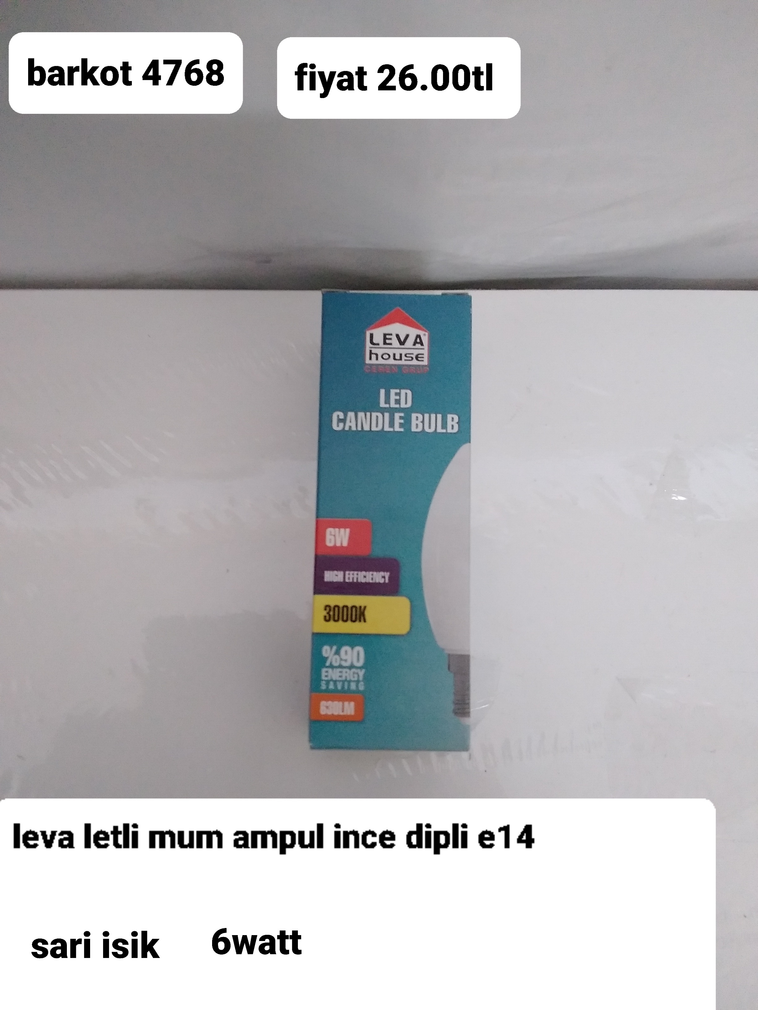LEVA LETLİ MUM AMPUL İNCE DİPLİ E14 SARI IŞIK 6WATT 4768