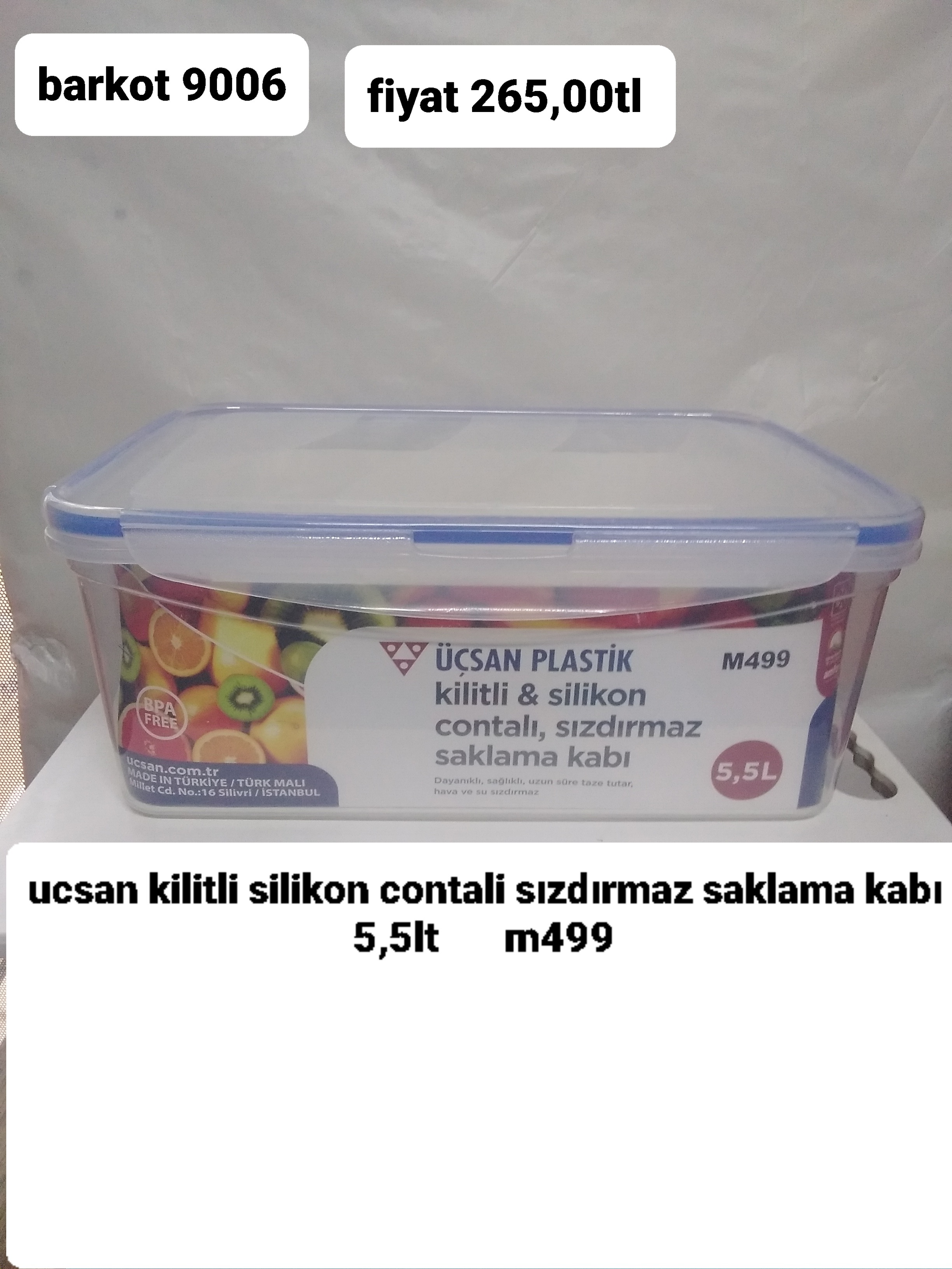 ÜÇSAN KİLİTLİ SİLİKON CONTALI SIZDIRMAZ SAKLAMA KABI 5,5LT  9006